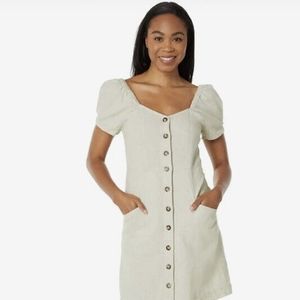 NWT Madewell Linen-Cotton Puff-Sleeve Mini Dress in faded seagrass